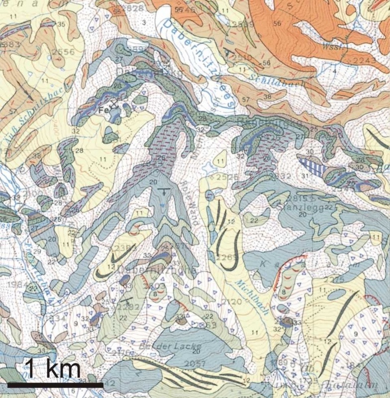 Das Endprodukt: Ausschnitt aus einer geologischen Karte in den Alpen.