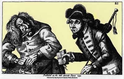In dieser englischen Karikatur von 1773 wird ein altes antisemitisches Stereotyp aufgegriffen: "Der jüdische Geizhals" als böse Inkarnation des Homo oeconomicus.