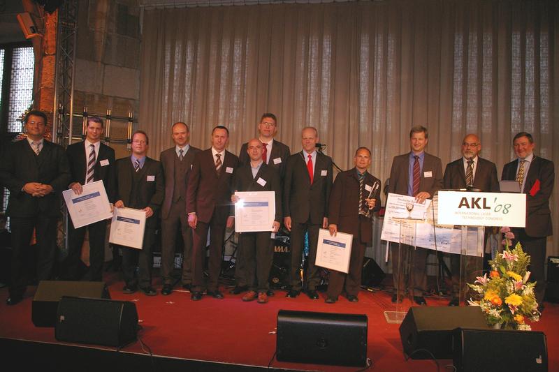 Awarding Ceremony of the Innovation Award Laser Technology 2008 on May 8, 2008 in Aachen?s City Hall / from the right: Guest speaker of the awarding ceremony: Prof. Ric Parker, Rolls Royce plc Derby, UK  -   Prize winner team of Daimler AG: Dipl.-Ing. Bertold Hopf (team speaker),  Dr. Klaus Debschütz and  Dipl.-Ing Holger Schubert -  Director of Fraunhofer ILT and vice-president Arbeitskreis Lasertechnik e.V.: Prof. Dr. Reinhart Poprawe   -  Finalist team of LUMERA Laser GmbH: Dr. Achim Nebel (team speaker) and Dr. Ralf Knappe - President ELI: Dr. Stefan Kaierle  -  Finalist team of TRUMPF Laser GmbH+Co KG: Dr. Dirk Sutter (team speaker) , Dr. Jochen Kleinbauer and Dr. Sascha Weiler - President Arbeitskreis Lasertechnik : Dipl.-Ing. Ulrich Berners
