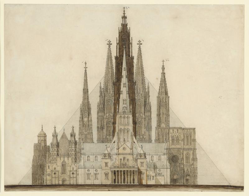 Charles Robert Cockerell, (Höhen-)Vergleich hauptsächlich gotischer europäischer Gebäude und der Cheopspyramide. Um 1840. Graphit und Feder, grau und braun getuscht, 347 x 445 mm 