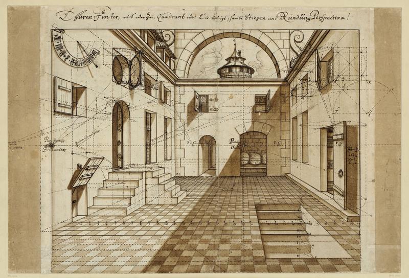 Johann Andreas Graff, Perspektivische Zeichnung eines Hofes mit Einzeichnung aller konstruktiven Linien und Punkte 1689. Federzeichnung, braun getuscht, 330 x 408 mm