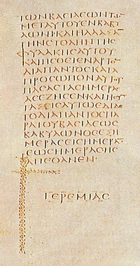 Der Codex Sinaiticus ist vierspaltig geschrieben. Hier als Ausschnitt das Ende des Buchs Jeremia.