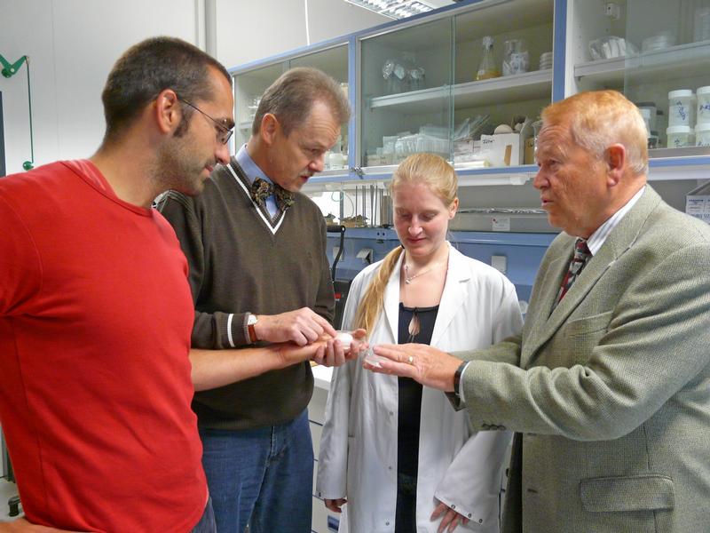 Projektmitarbeiter Dr. David Pretzel, Prof. Dr. Raimund W. Kinne, Dr. Friederike Kramer und Prof. Dr. Dieter Klemm (v. l.) im Labor der Jenpolymer materials Ltd. Co. KG.