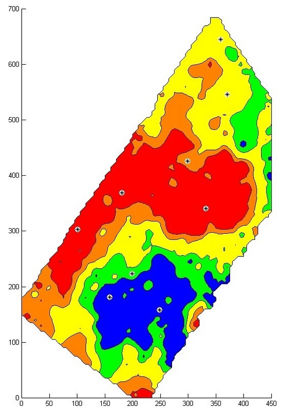 Unterschiedliche elektrische Leitfähigkeit des Bodens innerhalb einer Ackerfläche: rote Flächen weisen auf einen erhöhten, blaue Flächen auf einen geringen Bewässerungsbedarf hin.