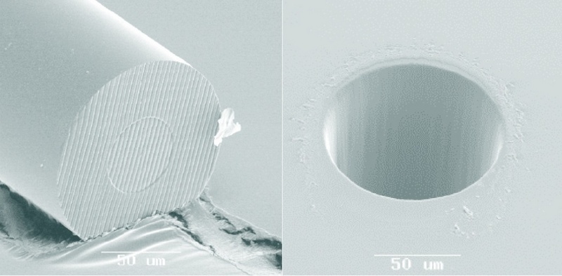 Links: Phasentransmissionsgitter mit 3 µm Periode auf Faserendfläche. Rechts: Präzisionsbohrung in 200 µm Quarzglas