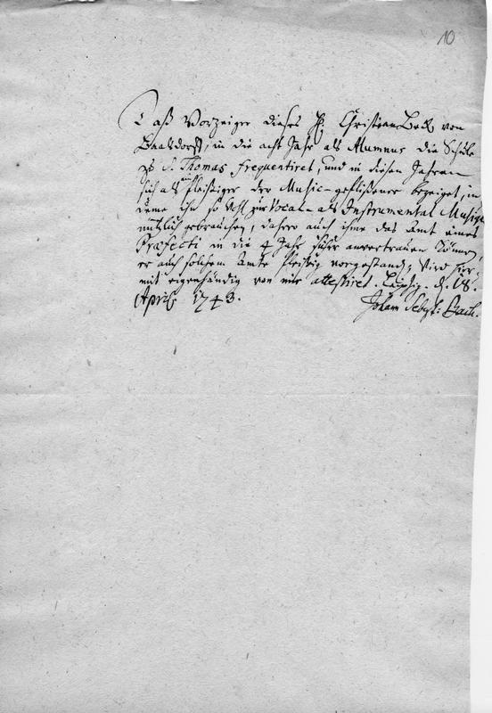 J. S. Bach Zeugnis für Christian Beck, 18. April 1743