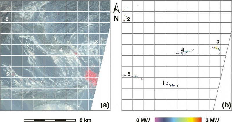 Links (a) Satellitenbild des Sensors ASTER im sichtbaren und nahen Infrarot-Bereich. Rechts Ergebnis der Mehrkanalmethode der Feuerparameter, Energiefreisetzung in Megawatt.
