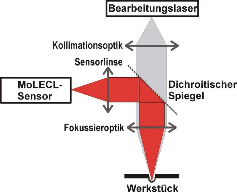 Schema zur Integration des MoLECL-Sensors in eine Anlage zur Lasermaterialbearbeitung. Dadurch ist eine Abtragshöhenkontrolle zwischen den Bearbeitungspulsen möglich.