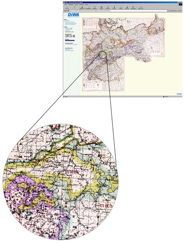 Gesamtkarte für den Gebrauch von "mich", eingebettet in die DiWA-Benutzeroberfläche (oben); ein Kartenausschnitt (Region Nordhessen) in hoher Zoomstufe (unten).