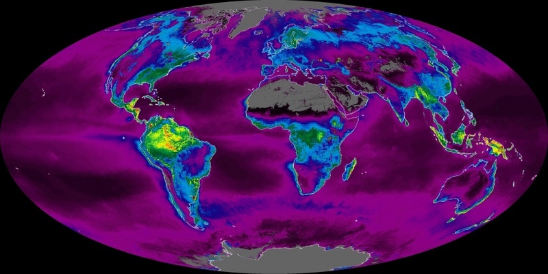 Über die Chlorophyllfluoreszenz lässt sich die Verteilung sauerstoffproduzierender Organismen in den Ozeanen feststellen. Die Aufnahme wurde mit dem Moderate Resolution Imaging Spectroradiometer (MODIS) 2002 an Bord des NASA Terra Satelliten angefert