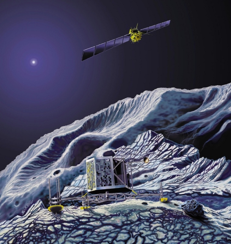 Abb.1: Rosetta-Orbiter und Lander nach dem Landemanöver (Simulation)
