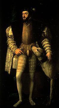 Karl V. mit Ulmer Dogge auf einem Gemälde von Tizian. Museo Nacional del Prado Madrid.