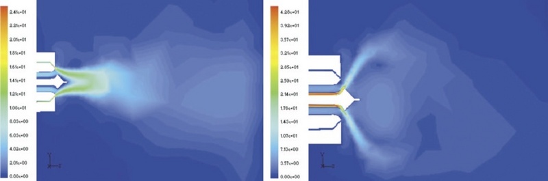Simuliertes Strömungsfeld zwischen Pulversprühorgan und ebenem Werkstück bei zwei verschiedenen Parametereinstellungen © Fraunhofer IPA