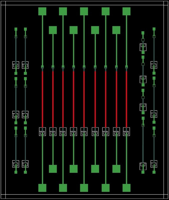 Die roten Streifen im Schaltungslayout bestehen beim fertigen Biochip aus Siliciumnitrid.