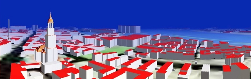 Die Software stellt Gebäude mit unterschiedlicher Auflösung dar: Während die Hamburger Kirche St. Michael detailreich erscheint, gleichen profane Gebäude eher Lego-Klötzchen. © Fraunhofer IGD