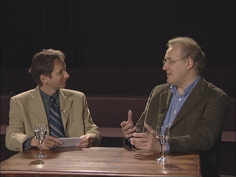 Sten Nadolny beim Interview mit Prof. Dr. Gerhard Lauer (Universität Göttingen) nach seiner Lesung am 19. Oktober 2003 im Deutschen Theater in Göttingen.