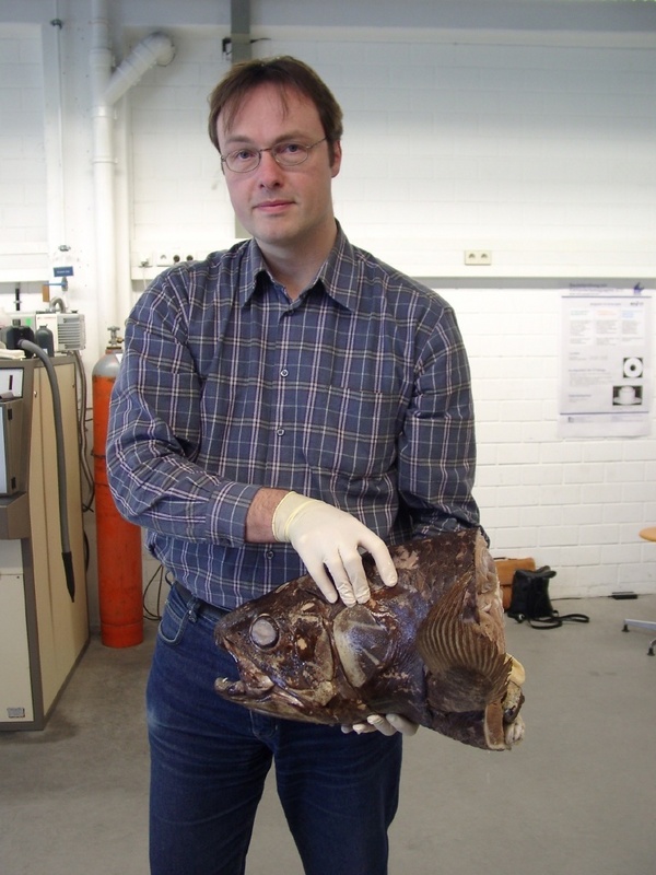 Dr. Peter Bernstein mit dem Kopf des Quastenflossers im Gießereilabor der FH Aalen.