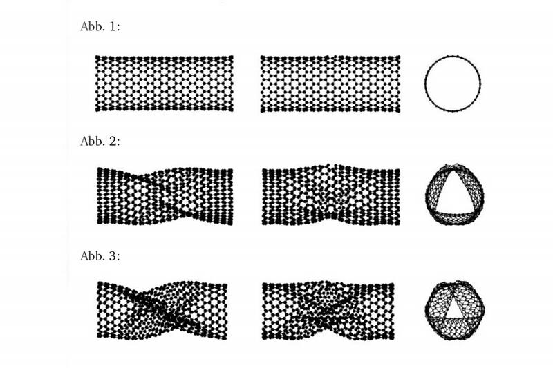 Abbildungen eines "carbon nanotubes" CNTs. Er besteht aus insgesamt 799 Atomen.
