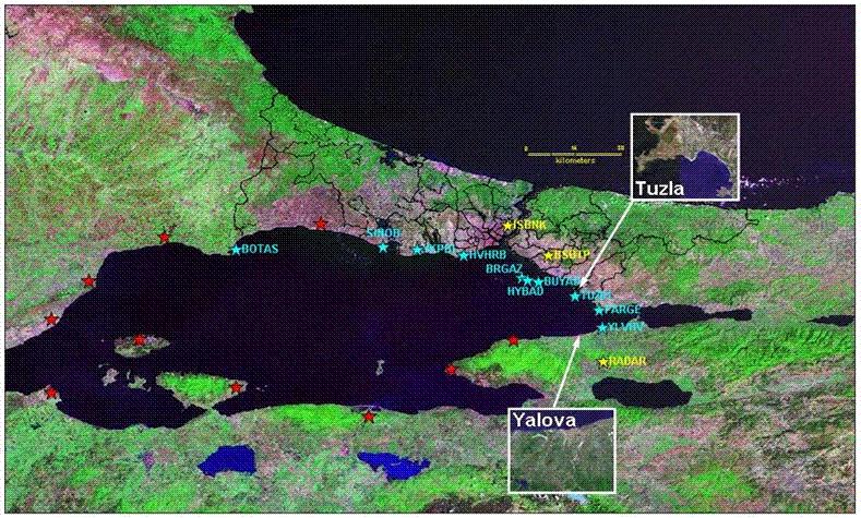 Das bestehende Sensornetz (blau) und die geplanten neuen Stationen (rot und gelb) im Großraum Istanbul und der Marmara-Region