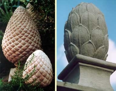Pinienzapfen aus Ton (links), gesehen in der Toscana. Der Unterschied zu den vermuteten "Artischocken-Zapfen" (rechts) aus Wiesentheid ist deutlich. Foto: Isolde Czygan