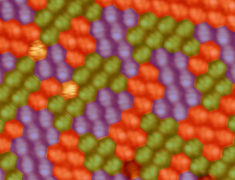 Metallofullerene - aufgebracht auf einer Oberfläche - bilden geordnete Inseln identisch orientierter Moleküle. Zur besseren Visualisierung wurde die Aufnahme des Rastertunnelmikroskops eingefärbt - pro Orientierung der Moleküle eine Farbe.