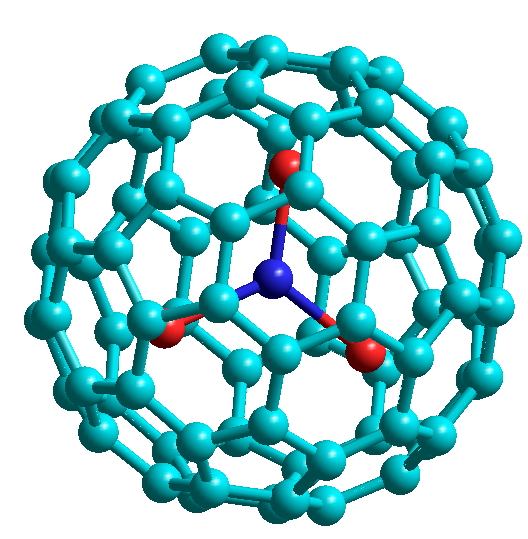 Modell des untersuchten Metallofullerens - bestehend aus 80 Kohlenstoffatomen (hellblau), 3 Dysprosiumatomen (rot) und 1 Stickstoffatom (dunkelblau).