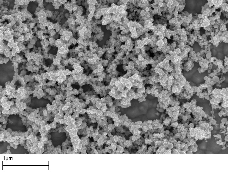 Hochaufgelöstes rasterelektronenmikroskopisches Bild von Silizium (aus Siliziumtetrachlorid in einer Ionischen Flüssigkeit abgeschieden). Die kleinsten Kristallite sind nur wenige Nanometer groß.